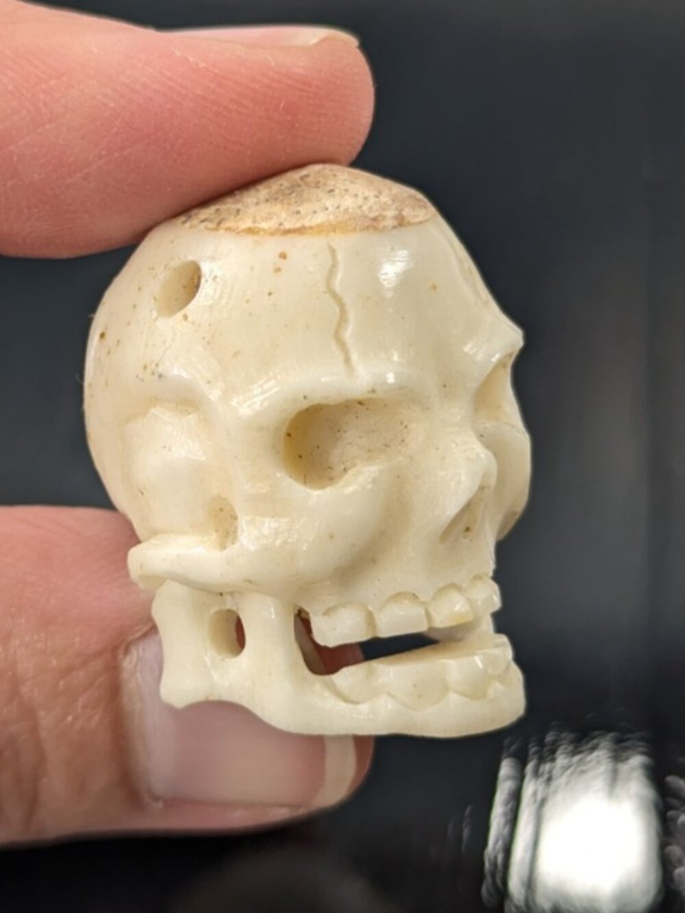 Vintage Memento Mori Cow Bone Carved Skull pendant, human skull bead